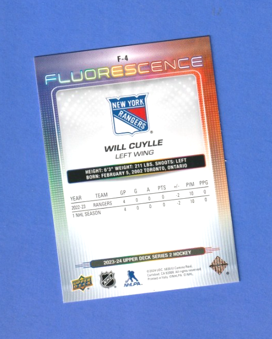 Will Cuylle Rookie 2023-24 Upper Deck  Fluorescence Red #F-4 -  New York Rangers