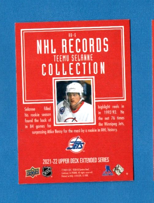 2021-22 Upper Deck Extended Series  NHL RECORDS SP   RB-6 TEEMU SELANNE Winnipeg