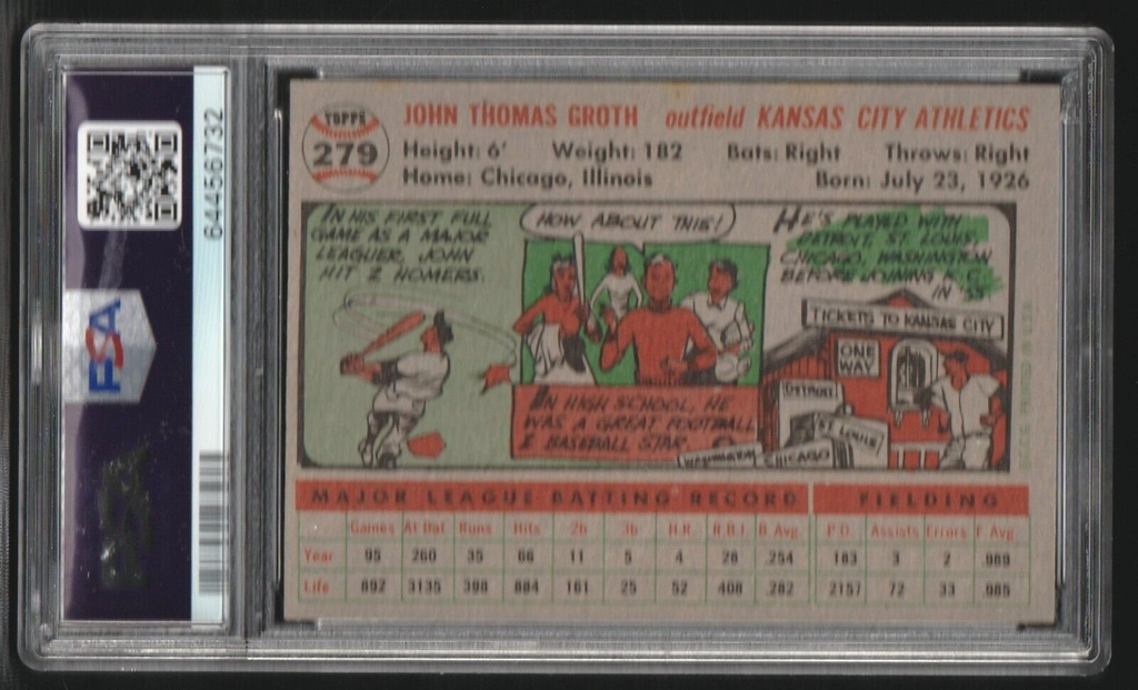 1956 Topps - #279   -  Johnny Groth   -   PSA 7 - NM   -   Kansas City Athletics
