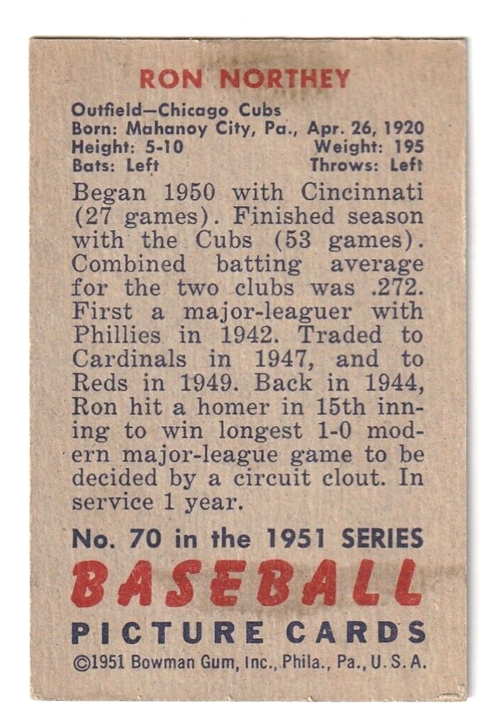 1951 Bowman  -  Ron Northey   -  Chicago Cubs #70   EX-NRMT