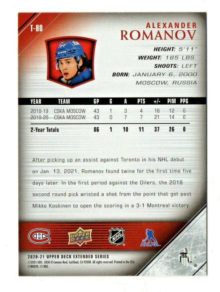 2020-21 UPPER DECK EXTENDED TRIBUTE YOUNG GUNS T-80 ALEXANDER ROMANOV Canadiens