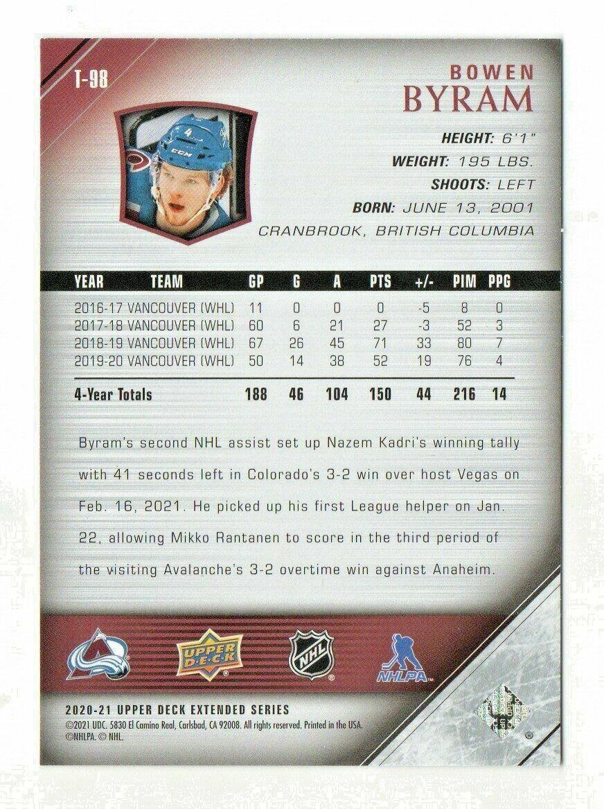2020/21 UD Extended Series YOUNG GUNS Retro Tribute BOWEN BYRAM Rookie COLORADO