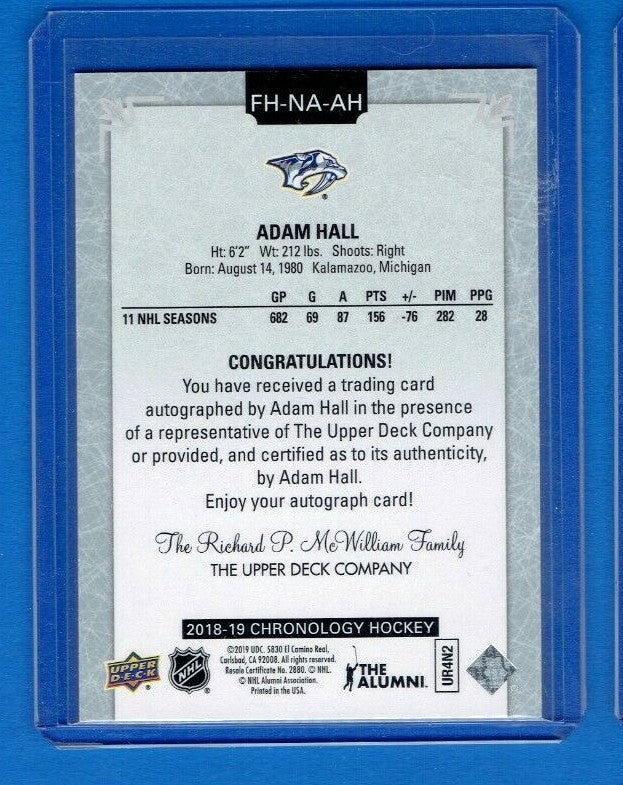 2018-19 UD CHRONOLOGY ADAM HALL FRANCHISE HISTORY AUTO Nashville Predators