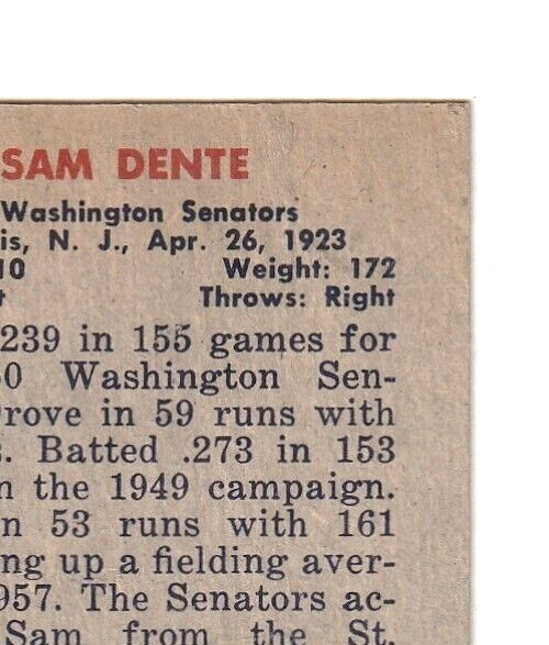 1951 Bowman  -  Sam Dente   -  Washington Senators  #133   EX-NRMT
