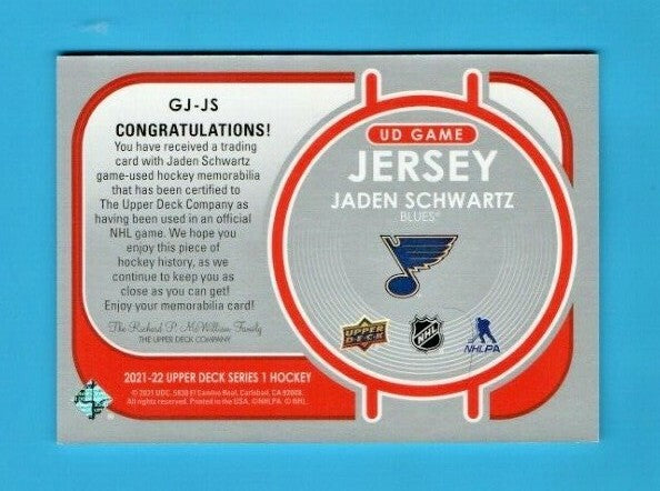 2021-22 Upper Deck Series 1 Jaden Schwartz UD Game Jersey Card # GJ-JS  White