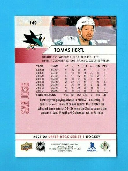 2021-22 UD Series 1 Base Exclusives #149 Tomas Hertl 017/100 - San Jose Sharks