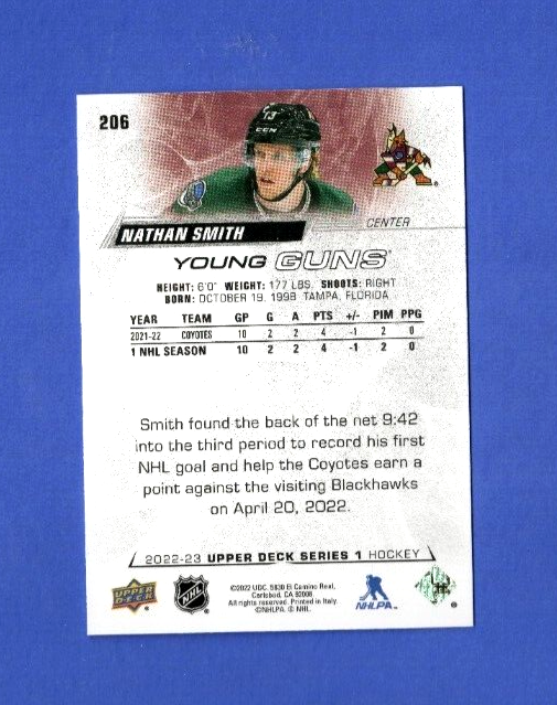 2022-23 Upper Deck Series 1 Young Guns #206  -  Nathan Smith  -  Arizona Coyotes