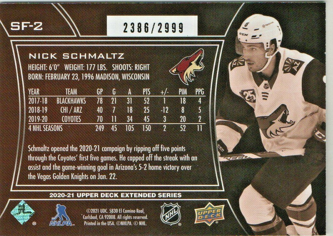 2020-21 Upper Deck Extended SPx FINITE  NICK SCHMALTZ  2386/2999 Arizona Coyotes