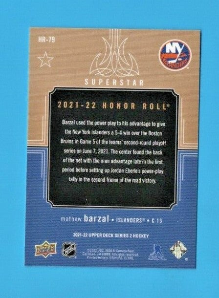 MATTHEW BARZAL  2021-22 Upper Deck Series 2 Honor Roll  RAINBOW  #HR-79 -176/250