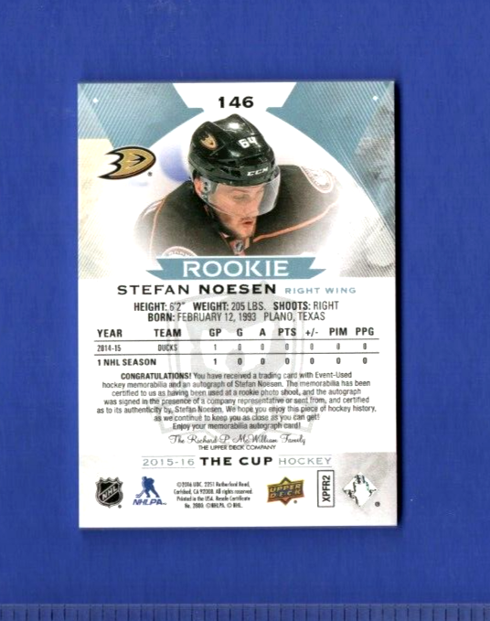 2015-16 The Cup #146 Stefan Noesen  RC PATCH  - AUTO  - 045/249 -  Anaheim Ducks