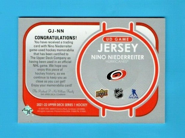 Nino Niederreiter UD Game Jersey 2021-22 #GJ-NN Carolina Hurricanes - Black