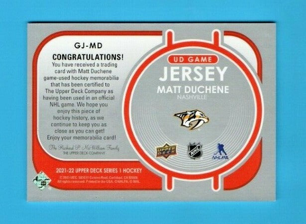 2021-22 Upper Deck Hockey Series 1 MATT DUCHENE Game-Worn Jersey Patch #GJ-MD 