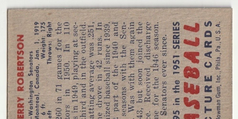 1951 Bowman  -  Sherry Robertson    -  Wasington Senators  #95   EX- EX+