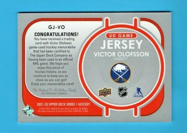2021-22 Upper Deck Series 1 Victor Olofsson UD Game Jersey Card # GJ-VO - Blue