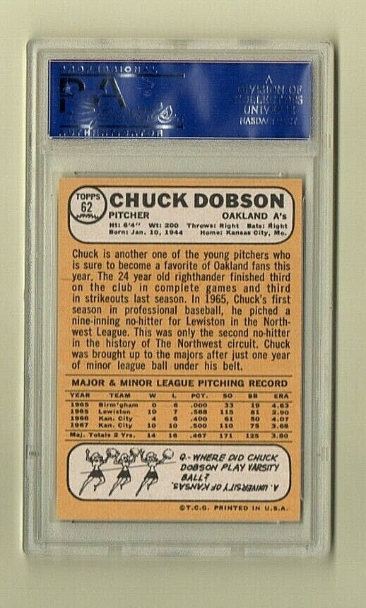 1968 Topps #62 - Chuck Dobson  -  Pitcher  -  Oakland Athletics  - PSA 8 NRMT-MT