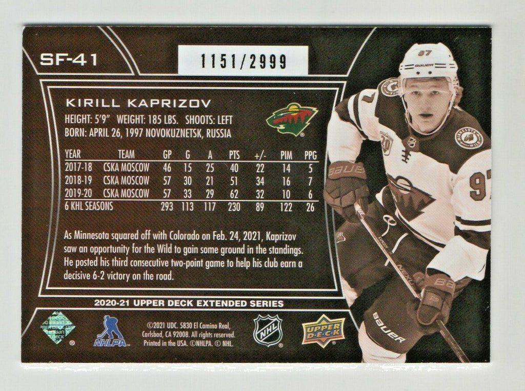 2020-21 Upper Deck SPx Finite #SF41 - Kirill Kaprizov - 1151/2999 Minnesota Wild