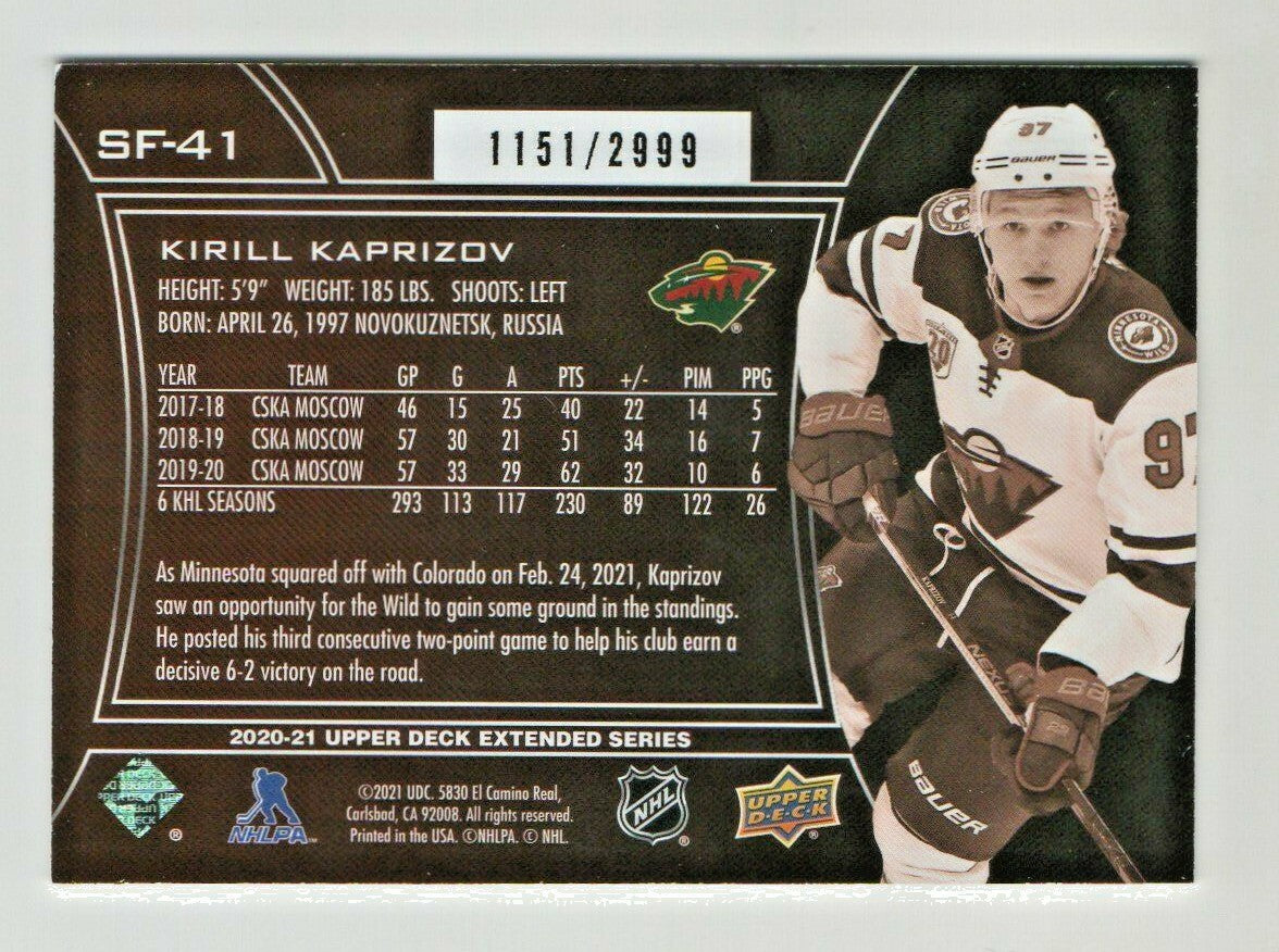 2020-21 Upper Deck SPx Finite #SF41 - Kirill Kaprizov - 1151/2999 Minnesota Wild