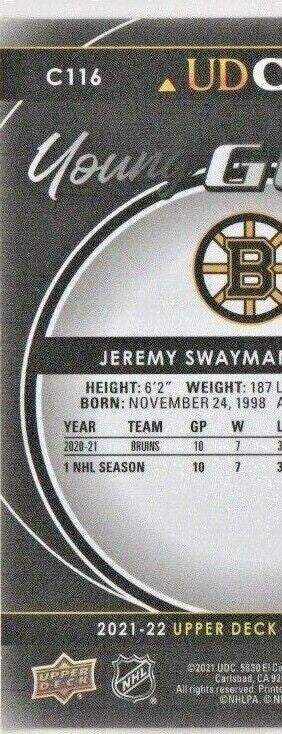 2021-22 UD Series 1 Canvas Young Guns Black #C116 Jeremy Swayman - Boston Bruins