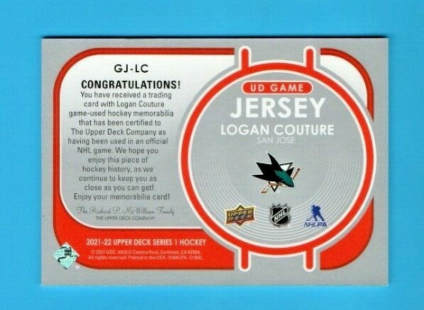 2021-22 Upper Deck Series 1 UD Game Jersey Logan Couture #GJ-LC  Sharks  -  Aqua