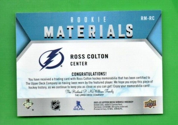 2021-22 Upper Deck Series 2 Ross Colton Rookie Materials BLUE # RM-RC  Lightning