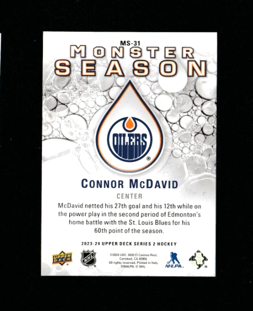 2023-24 UD Monster Season - CONNOR McDAVID - Edmonton Oilers - Card# MS-31