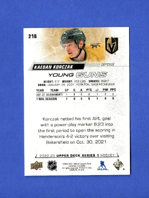 2022-23 Upper Deck #218 Kaedan Korczak YG Young Guns RC Vegas Golden Knights