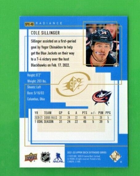 2021-22 Upper Deck EXTENDED Cole Sillinger SPX RETRO RADIANCE 046/100 #SPX-46