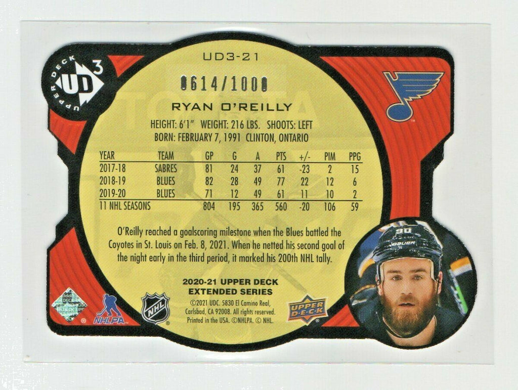 2020-21 UD Extended -- RYAN O'REILLY--  DIE CUT INSERT #UD3-21 Blues 0614/1000