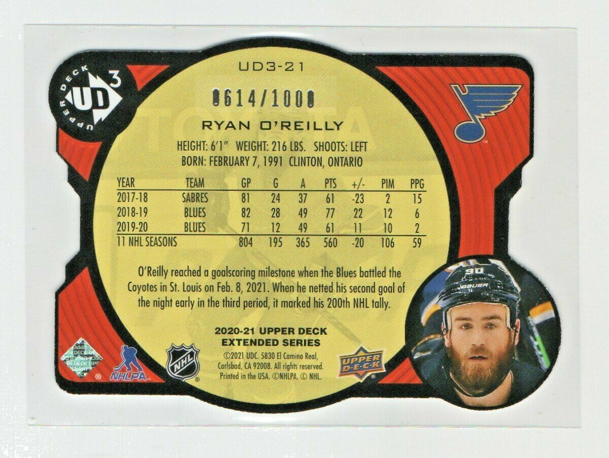 2020-21 UD Extended -- RYAN O'REILLY--  DIE CUT INSERT #UD3-21 Blues 0614/1000