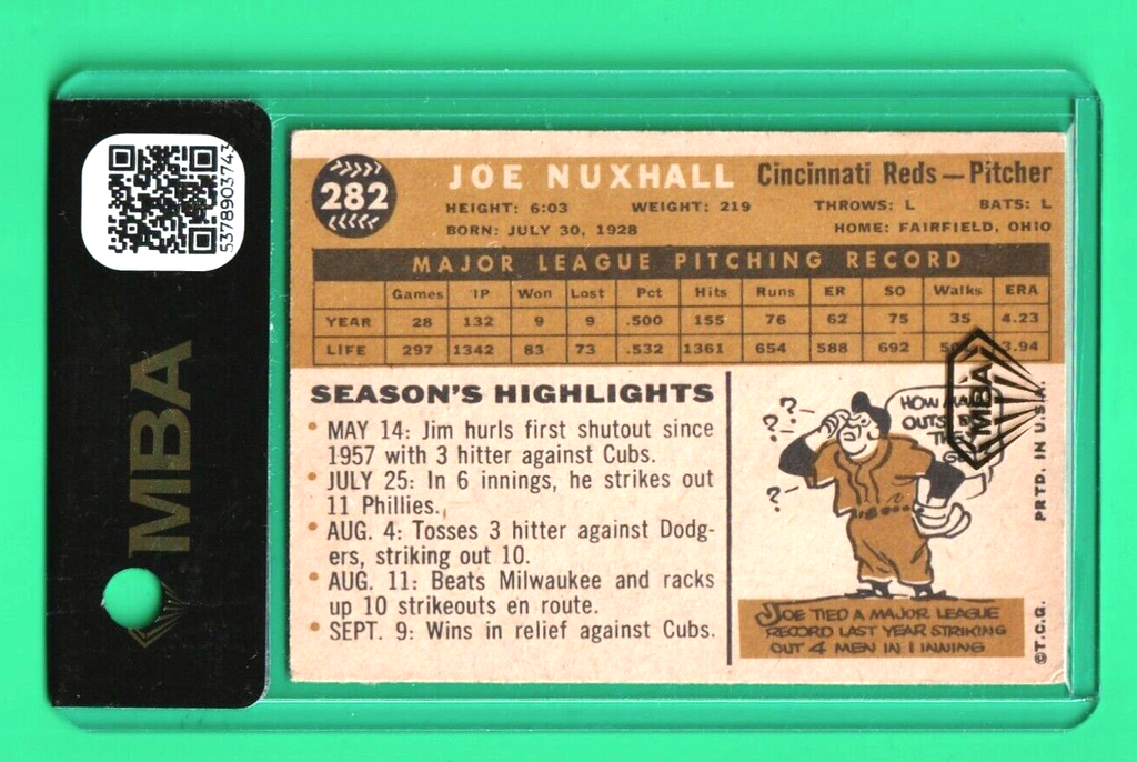 1960 Topps   -   Joe Nuxhall #282    -    Cincinnati Reds    -     MBA AUTHENTIC