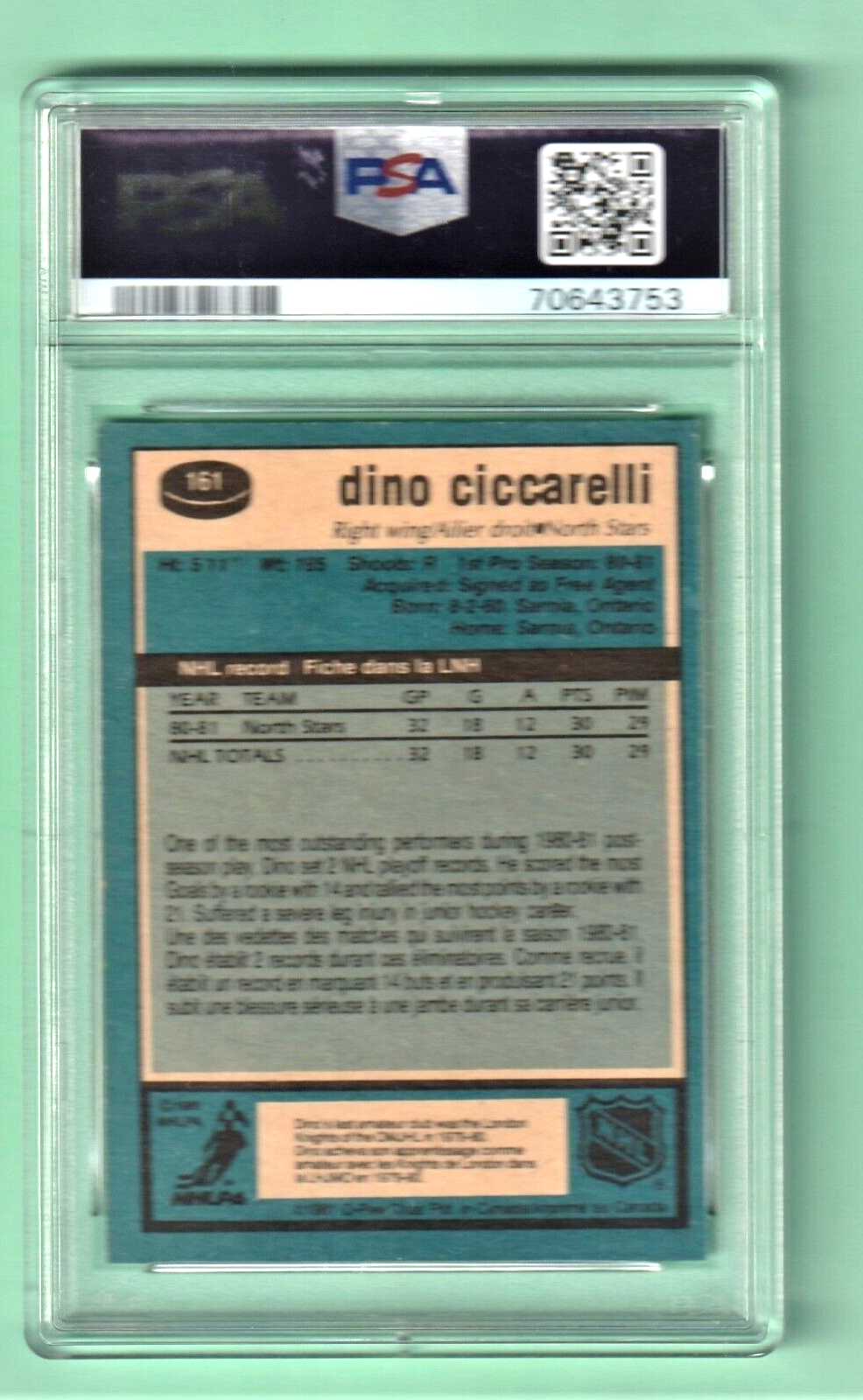 1981 O-Pee-Chee  Dino Ciccarelli - ROOKIE #161 PSA 6 EX-MT Minnesota North Stars