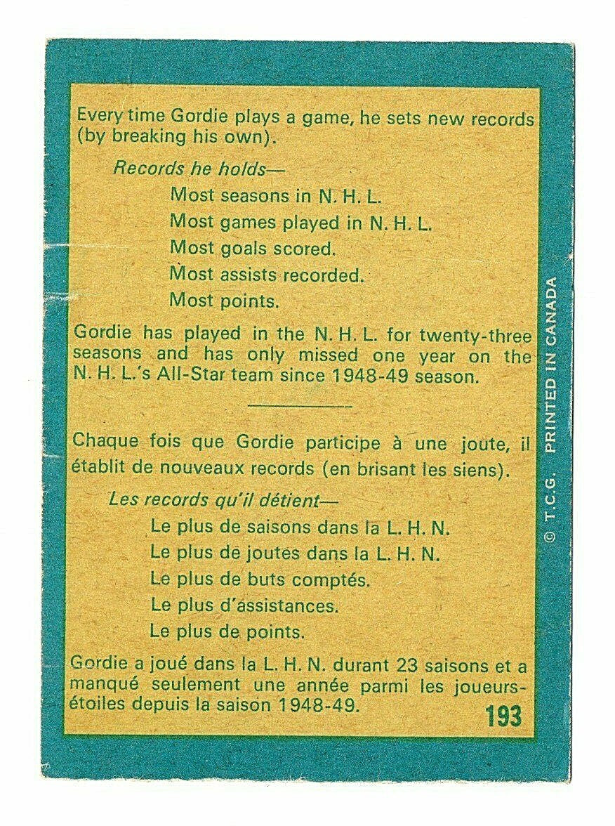 1969-70 OPC O PEE CHEE # 193 GORDIE HOWE RARE WITH/NO MR HOCKEY 