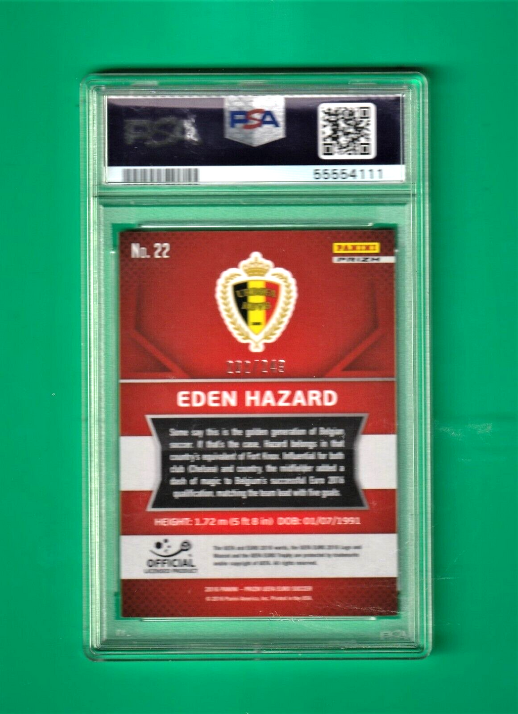 2016 Panini Prizm UEFA Blue     -     Eden Hazard   -   202/249   #22 PSA 9 MINT