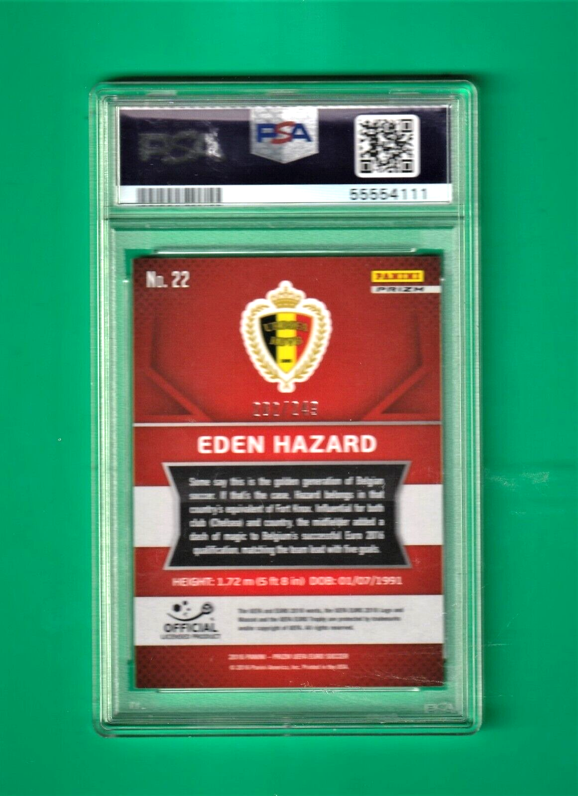 2016 Panini Prizm UEFA Blue     -     Eden Hazard   -   202/249   #22 PSA 9 MINT