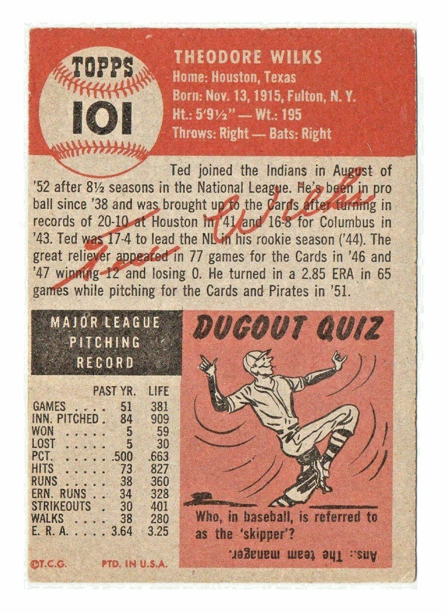 1953 Topps Set Break # 101 Ted Wilks EX-EX+ - Cleveland Indians