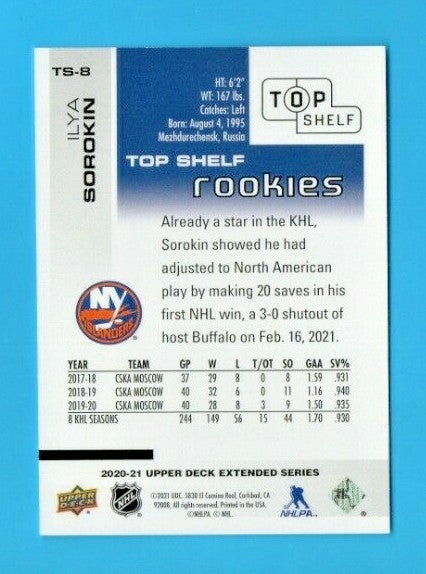 2020-21 ud extended top shelf rookies #ts-8 ilya sorokin -  036/500 rc Islanders