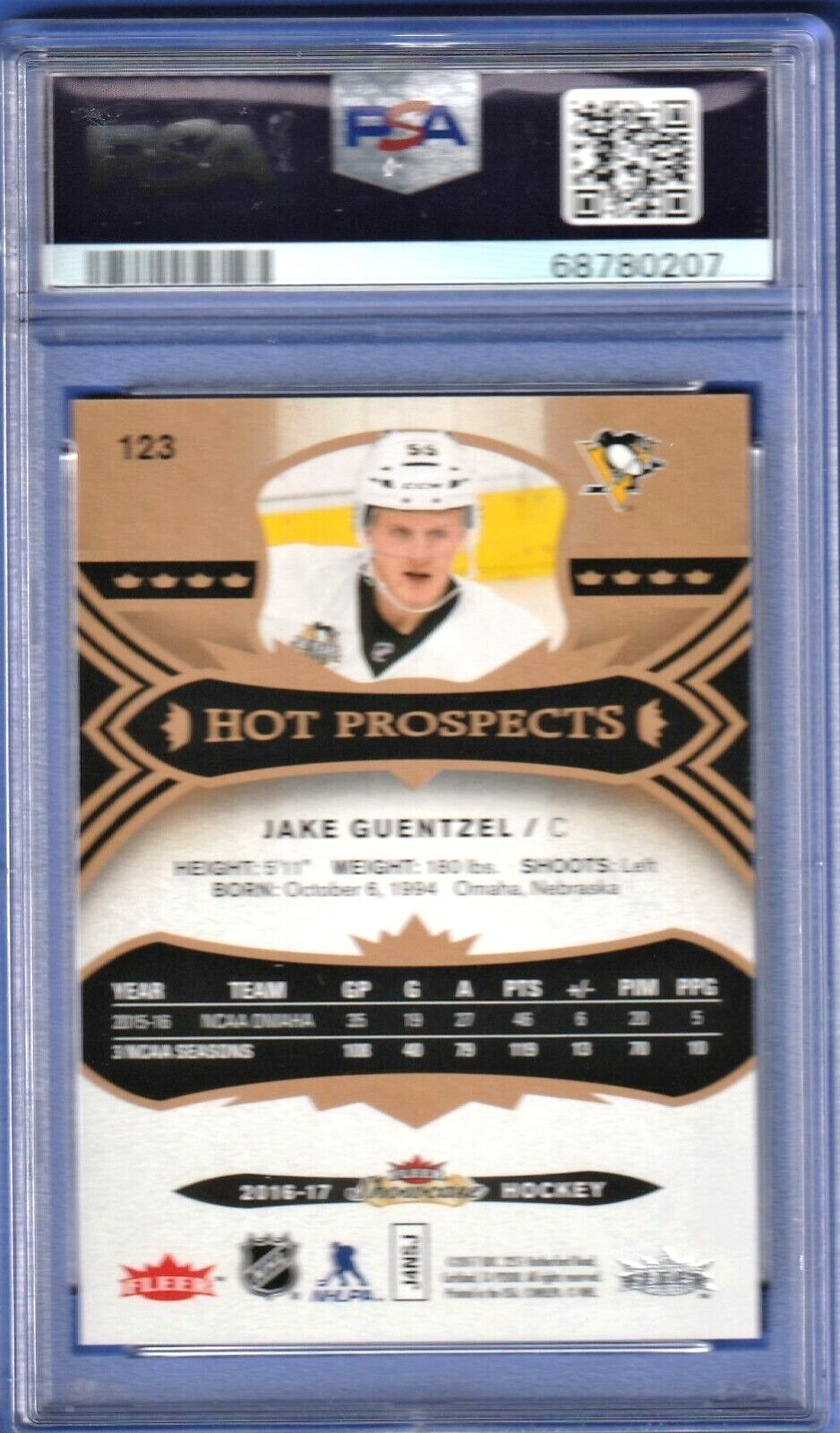 2016 Fleer Showcase  - Jake Guentzel -  Penguins  ROOKIE 237/399 #123 PSA 9 MINT