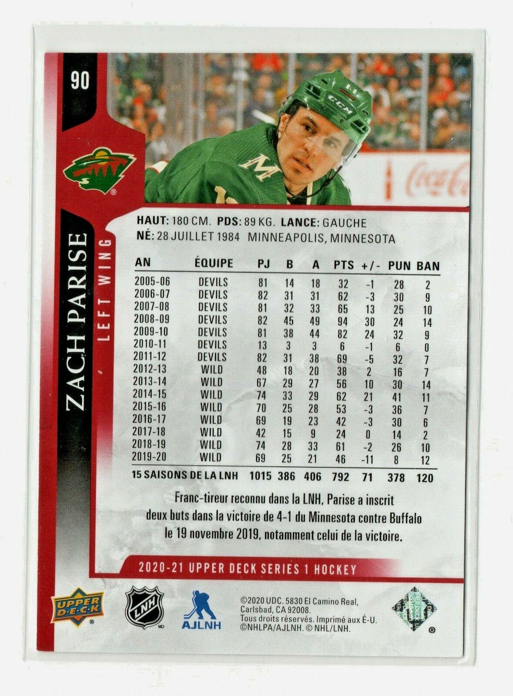 2020-21 UD Series 1 FRENCH Exclusives #90 ZACH PARISE Minnesota Wild 027/100