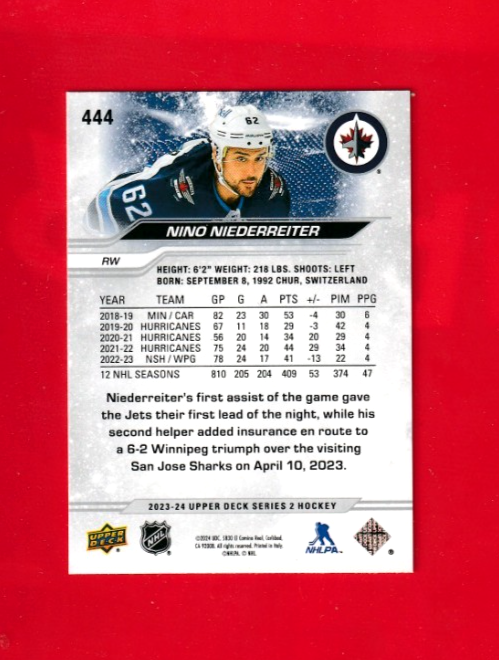 2023-24 Upper Deck Series 2 Silver Outburst Base #444   NINO NIEDERREITER - Jets