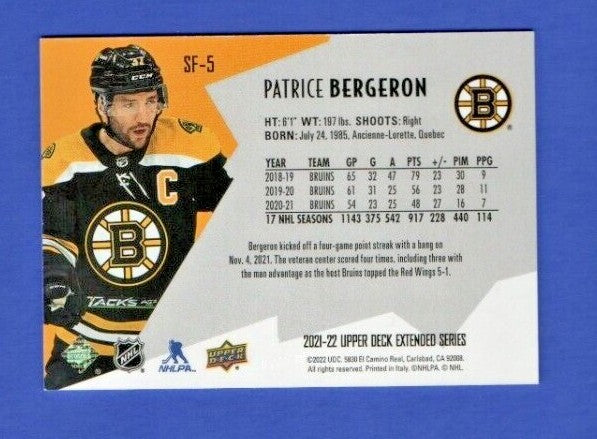 Patrice Bergeron  2021-22 UD Extended SPxFinite Radiance Silver #SF-5  0106/2999