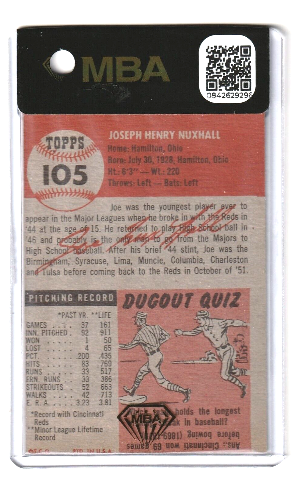 1953 Topps    -    Joe Nuxhall  #105  -    MBA AUTHENTIC    -    Cincinnati Reds