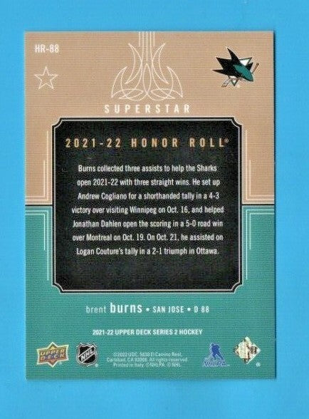 Brent Burns 2021-22 Upper Deck Series 2 Honor Roll  RAINBOW  #HR-88  --  239/250