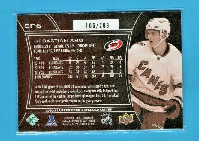  Sebastian Aho 2020-21 Upper Deck Extended Series SPxFINITE #SF- 6 106/299 Canes