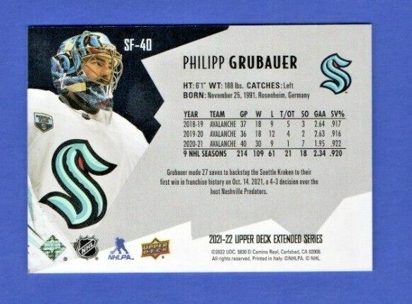 Philipp Grubauer  2021-22 UD Ext. SPxFinite Radiance Silver #SF-40    2677/2999