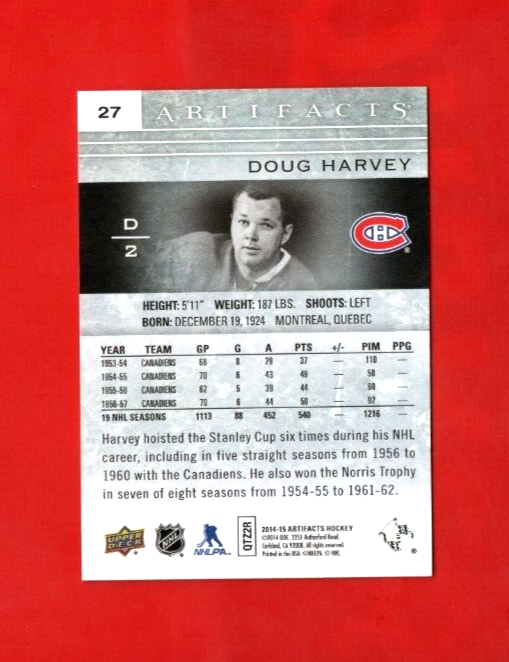 2014-15 Upper Deck Artifacts Sapphire 25/85 Doug Harvey #27 Montreal CanadienHOF