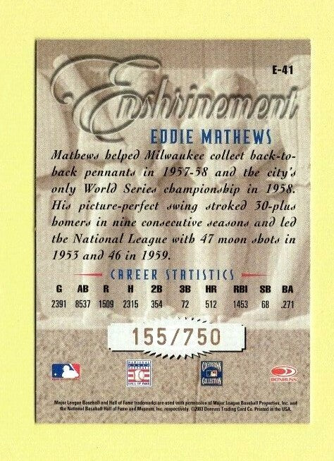 2003 Donruss Studio Enshrinement Eddie Mathews 155/750 Milwakee Braves