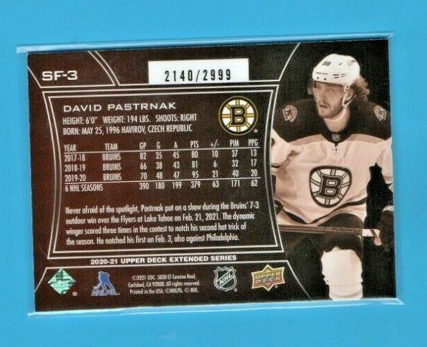 2020-21 UD Extended Series David Pastrnak SPx Finite Card #SF-3 Bruins 2140/2999