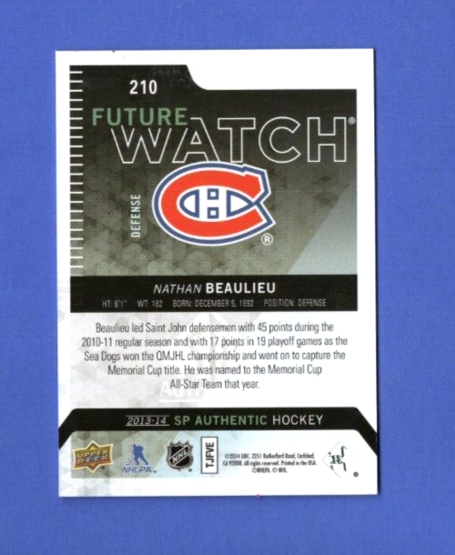 2013-14 SP Authentic Nathan Beaulieu Future Watch 0454/1299 RC #210 -  Canadiens