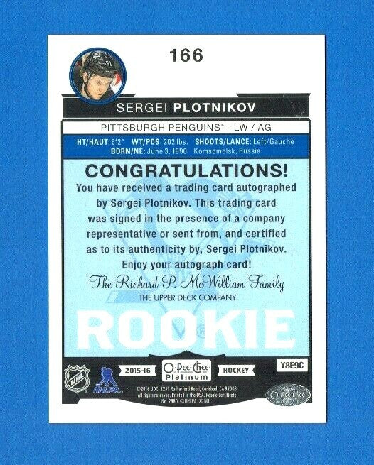 2015-16 OPC Platinum Sergei Plotnikov Auto Rookie  Pittsburgh Penguins