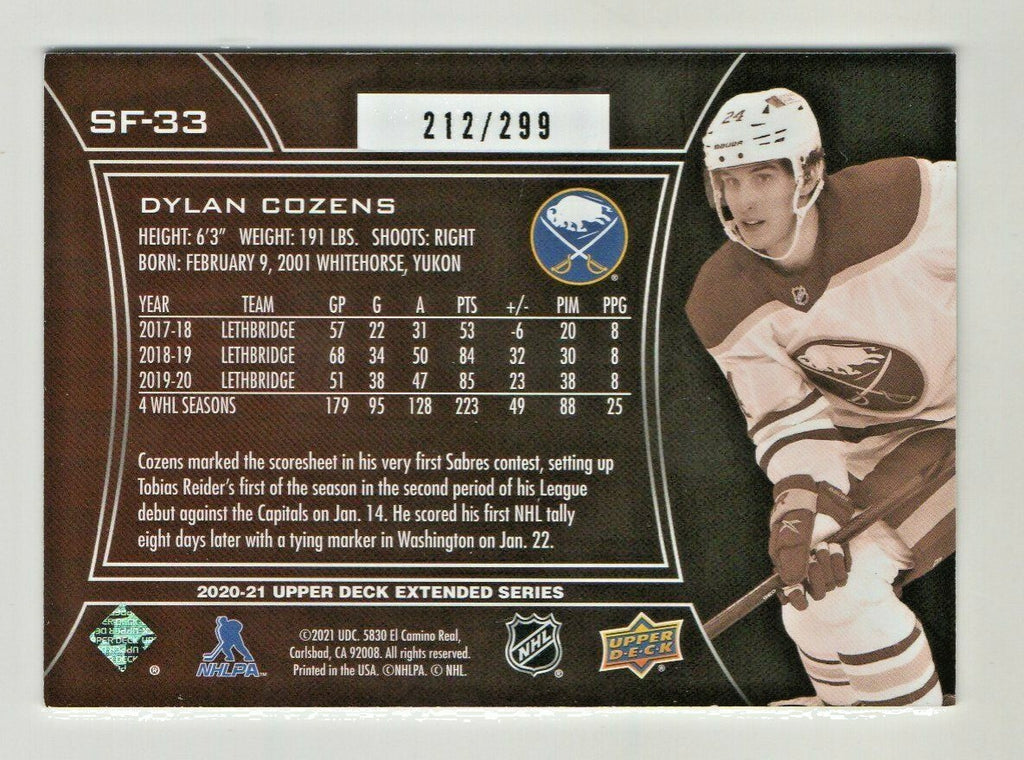 2020-21 Upper Deck SPx Finite Radiance #SF33 Dylan Cozens Buffalo Sabres 212/299
